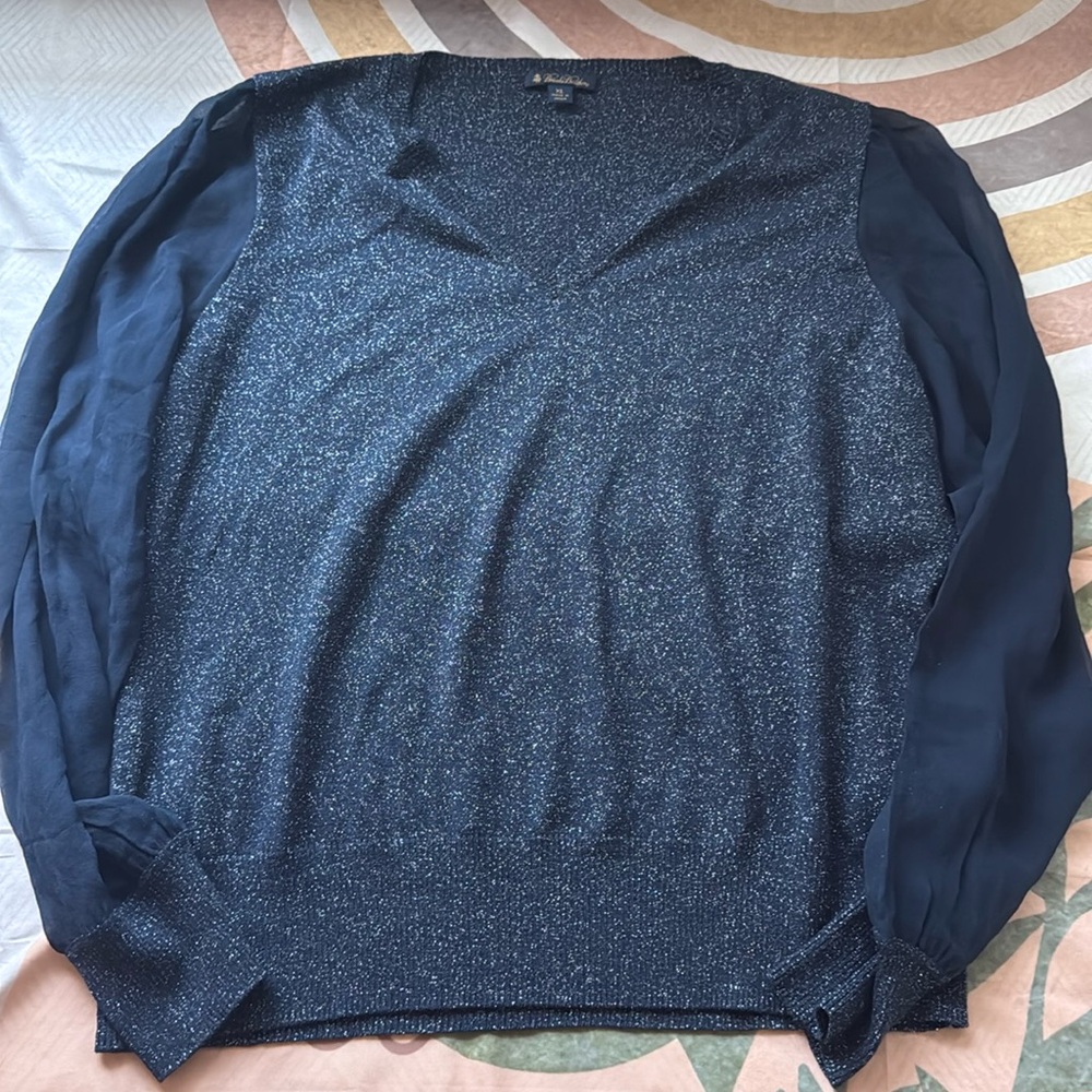 Brooks Brothers Navy Blue And Silver Shimmer Long Mesh Sleeves Top - Picture 3 of 10